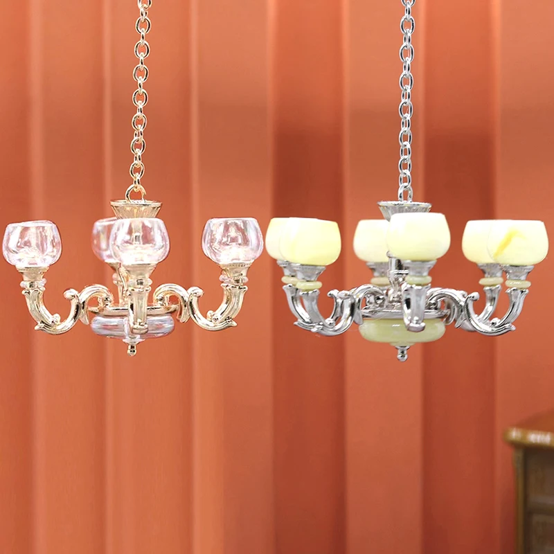 1:12 Dollhouse Miniature Retro Lamp Chandelier Light Working Ceiling Lamp Light Furniture Model DollHouse Livingroon Scene Decor 4