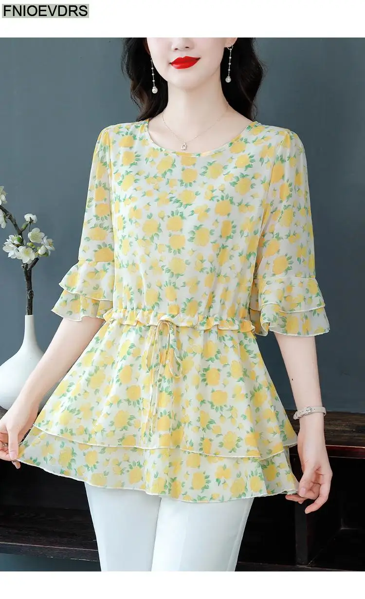 S-4XL Loose Clothes 2023 Women Summer Short Sleeve Elegant Ruffles Shirts Casual Chiffon Floral Tunic Peplum Tops And Blouses