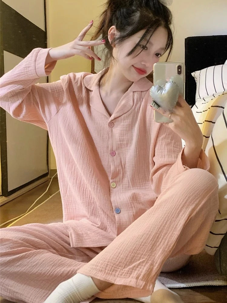 

Simple Solid Lapel Pajama For Women Spring Fall New Casual Sleepwear Long Sleeve Pants Colorful Buttons Sweet Girl Home Wear Set