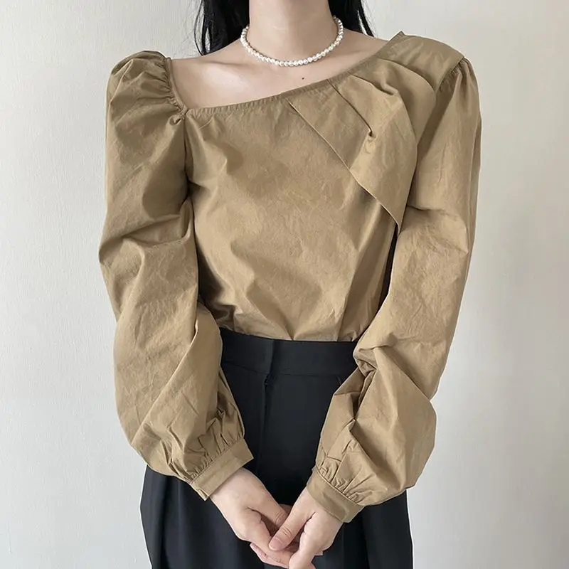 

Loose Office Lady Shirts Irregular Solid Color Long Puff Sleeve Casual Women’s Shirt Fashion Pullover Shirts Blouse 2024 F147