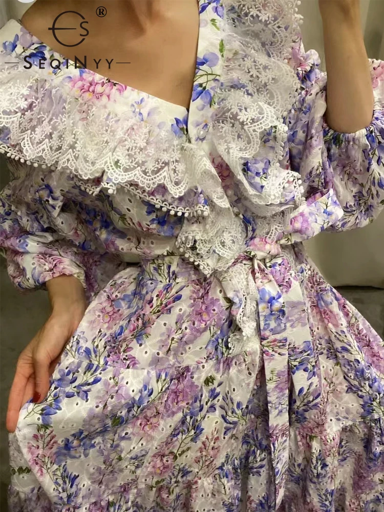 

SEQINYY Elegant Midi Dress Spring Autumn New Fashion Design Women Runway High Quality Embroidery Vintage Purple Flower Print