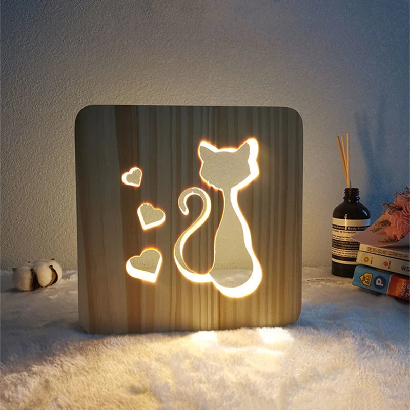 Wooden Craft USB Night Light Creative Dog Paw Cat Deer 3D Hollow Animal Children\'s room Bedside Decoration Table Lamp Kids Gift
