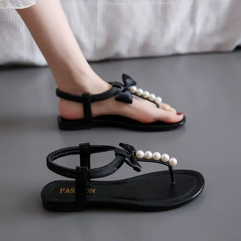 Footwear Beige Summer 2023 No Heel Diamond Women's Shoes Flat Rubber  Sandals for Woman Flip-flops Bow Rhinestones Asian Size H F