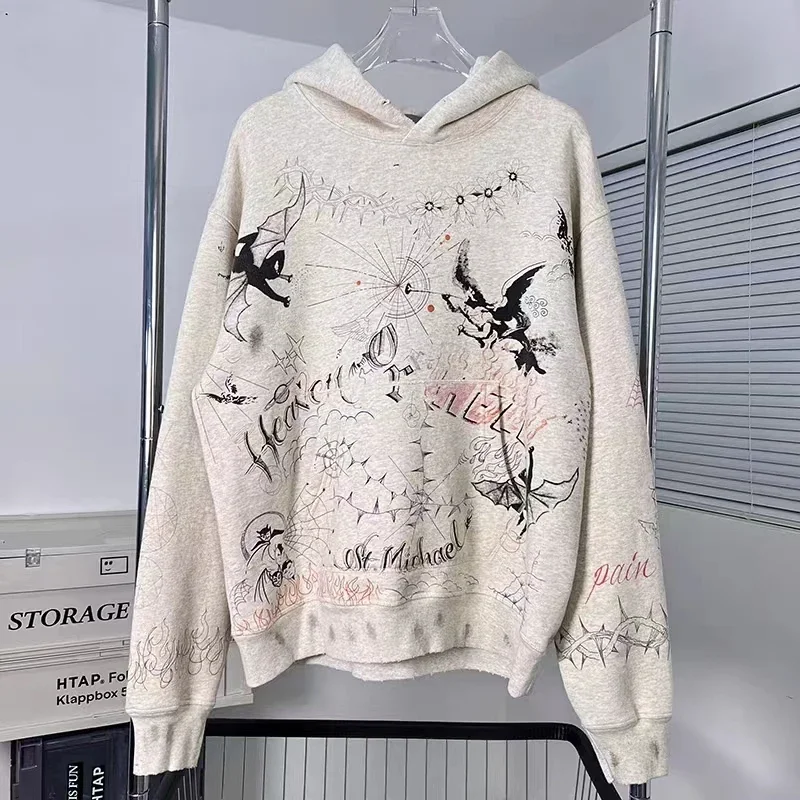 

Y2K Saint Michael Wash Hoodie Men Women 1:1 best quality Angel Devil Graffiti Pattern Sweatshirts Damaged Hole Loose Pullover