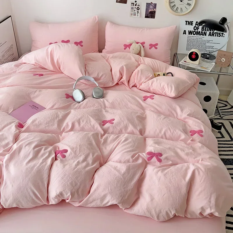 Pink Bow Embroidered Duvet Cover Set 1