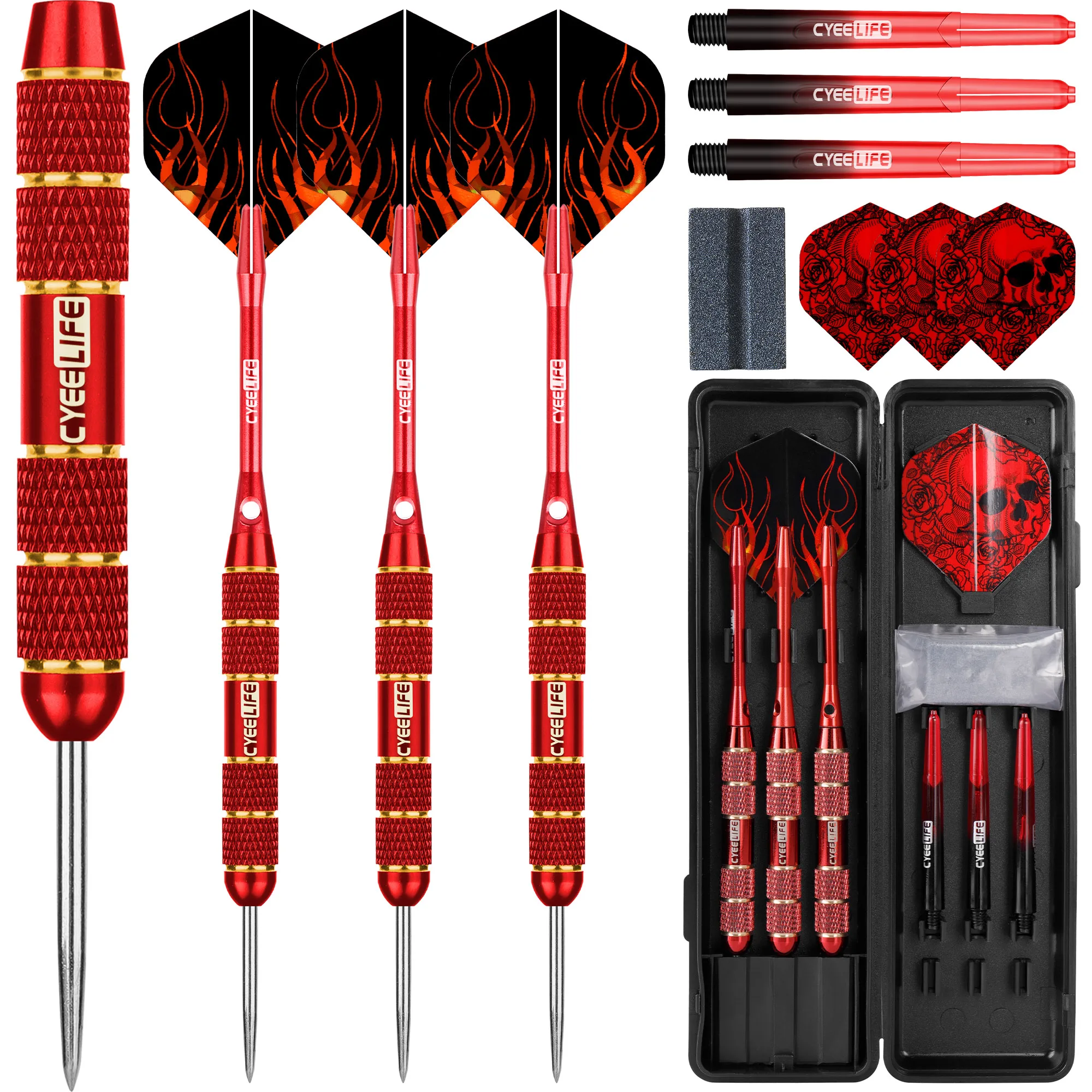 Dartpijlen, stalen punt, 24 g, professionele dartpijlen met zwarte aluminium stangen, 9 vleugels, 50 rubberen ringen, antislip, 1 snijgereedschap, 12 veerringen