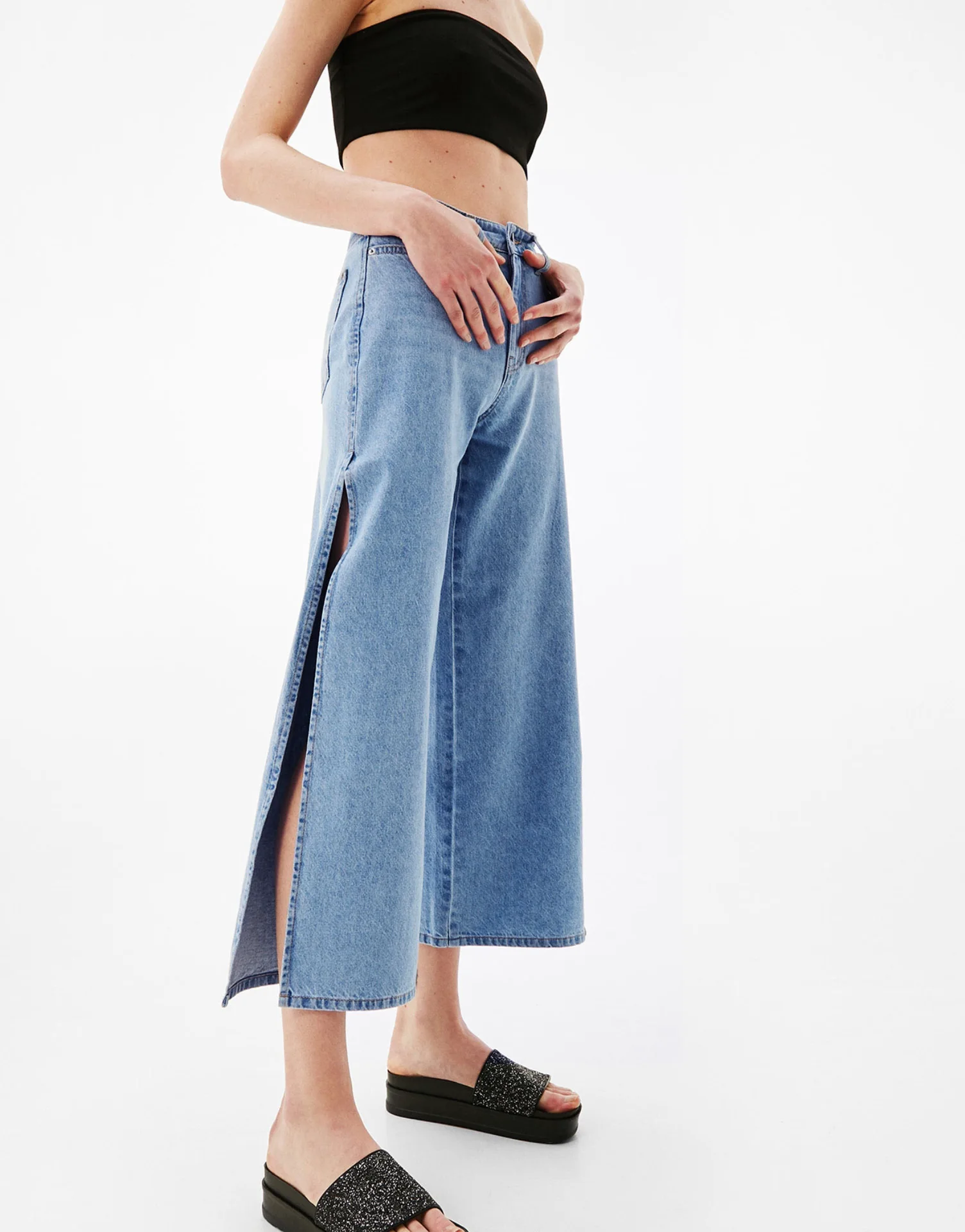 High Waisted Denim Pant Women Double Sides Slit Ankle-length Wide Leg Pants Casual Loose Cotton Jeans Femme Baggy Jeans skinny jeans