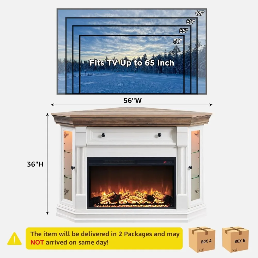 56'' Corner Fireplace TV Stand for 65 Inch TV, Farmhouse Entertainment Center w/ 30'' Electric Fireplace, Media Console for 2