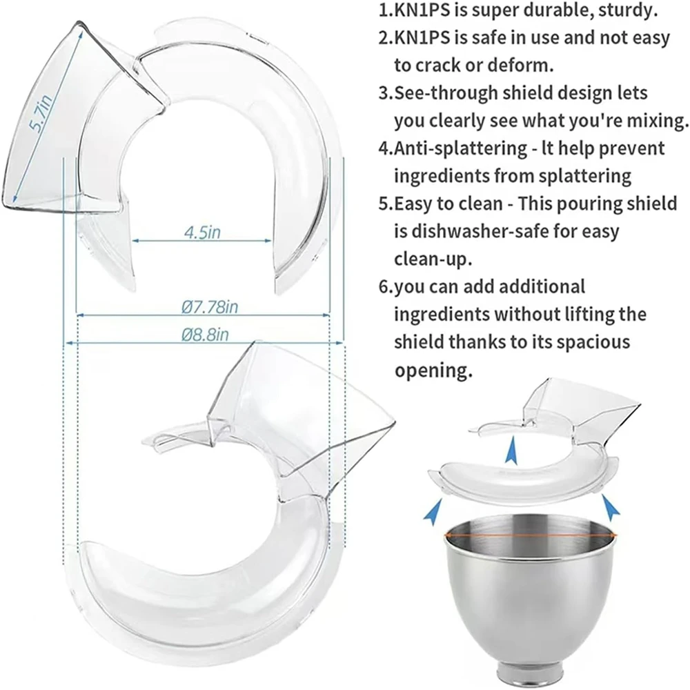 Splash Guard for KitchenAid Tilt-Head Stand Mixers Dishwasher Safe for KitchenAid 4.5-5QT Pouring Cover Mixing Bowl Dump Hoods