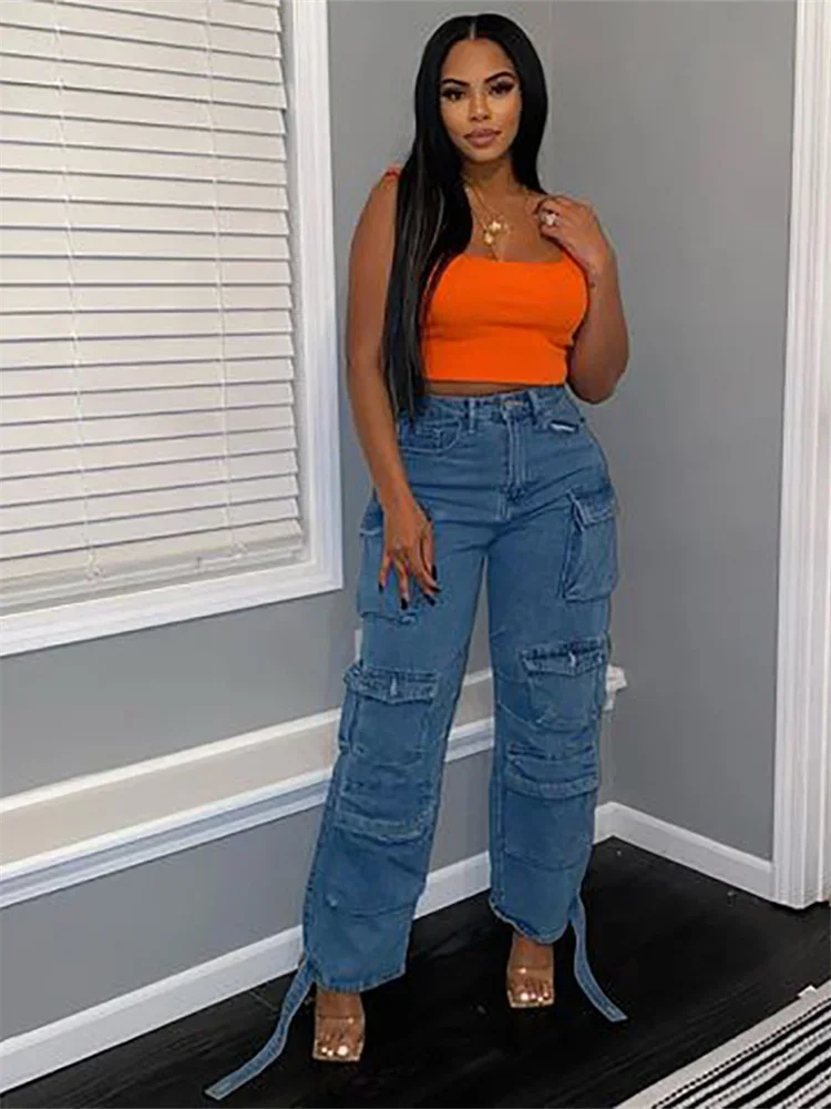 Wmstar Jeans Women Denim Bottom Boy Friend Straight Cargo Pants High Waist Korean New Fashion Streetwear Wholesale Dropshipping