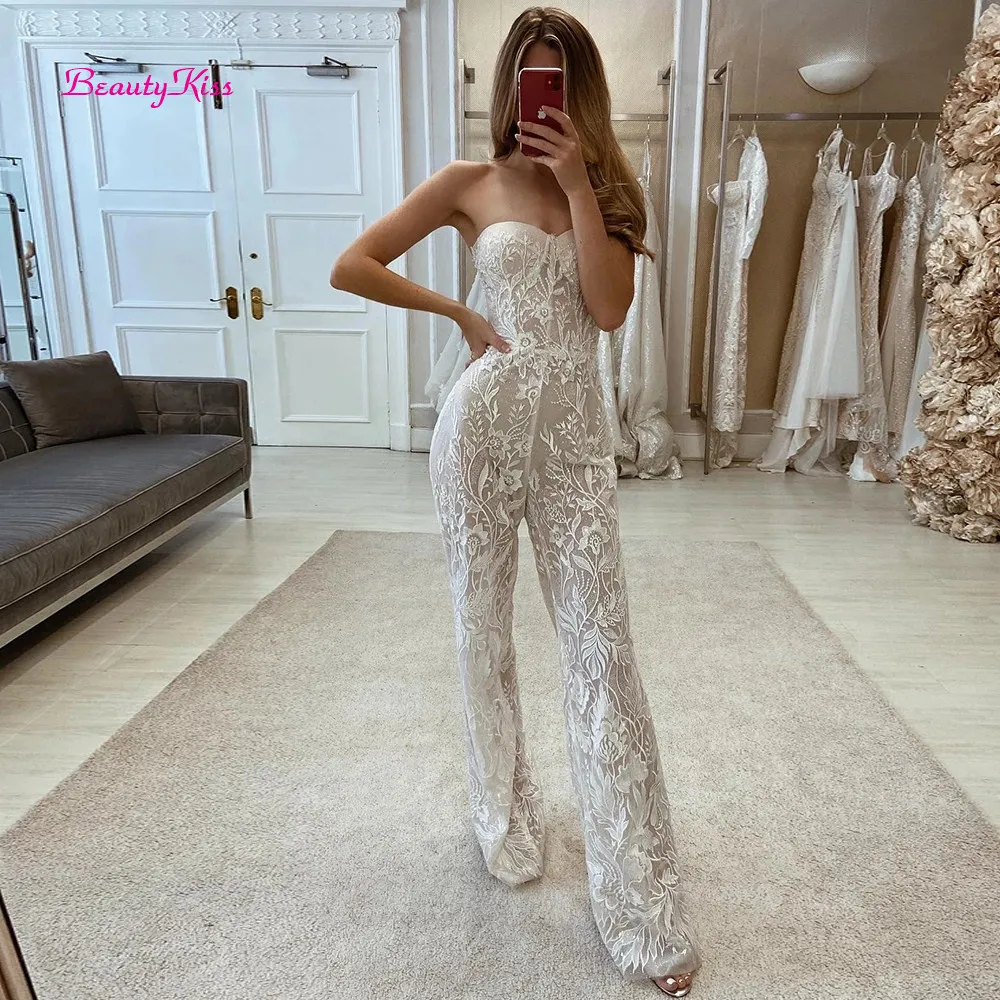 Lace Wedding Pant Suits For Brides Sweetheart Applique Sleeveless Sexy  Wedding Jumpsuits Women Ivory Long Elegant Formal Dress - AliExpress