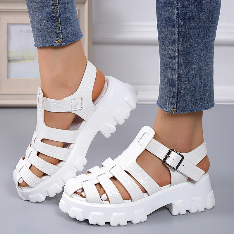 Women Gladiator Narrow Band Cross-tied Platform Square Heel Peep Toe Rome Design Sandals Women Sandals