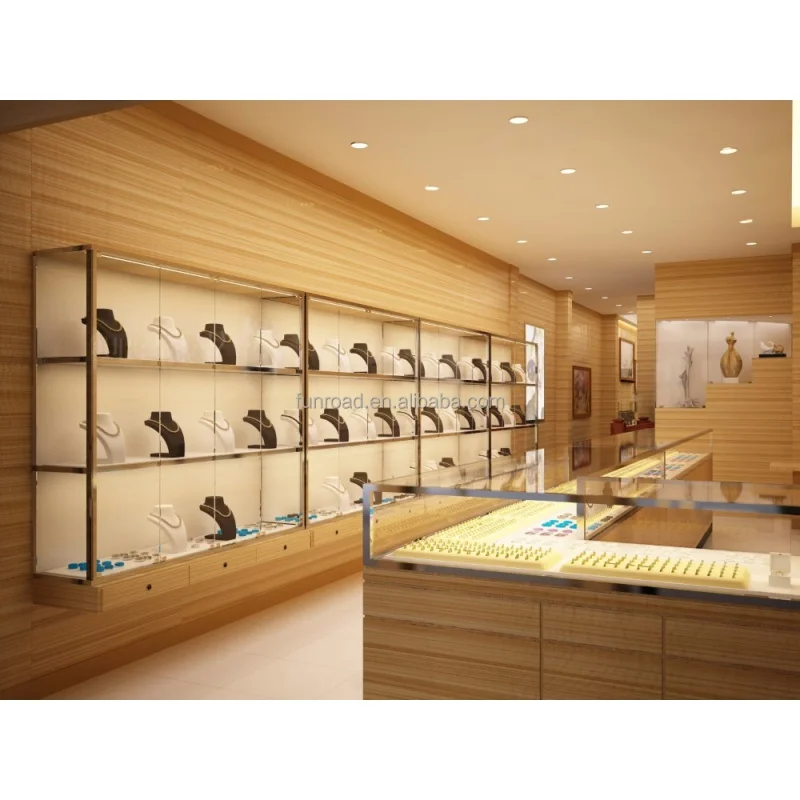 

Custom. wooden style jewelry glass showcase wall mounted cabinet jewelry store decoration jewelry shop interior design