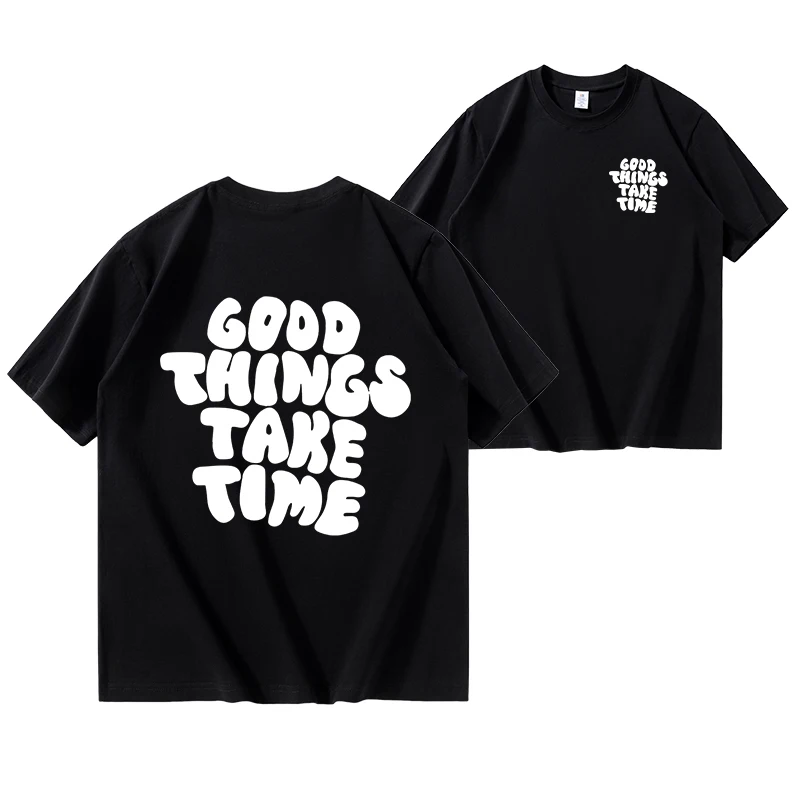 Gode ting tar tid Mønstertrykk Behagelig T-skjorte, Grafisk T-skjorte sommer utendørsklær, Herreklær, Overdeler for menn_voghion.com