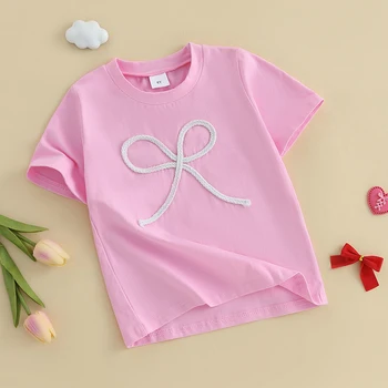 Cute Toddler Girls Summer T-Shirts with Short Sleeves Round Neck and Adorable Bow Embroidery - Stylish Kids Baby Tops 1