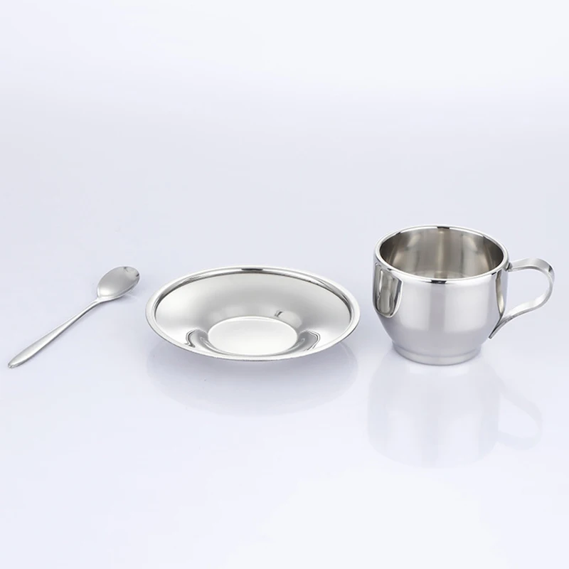 더블 레이어 내열성 커피 컵 세트, 스테인레스 스틸 티컵, 플레이트 및 스푼 포함, 180ml, 200ml