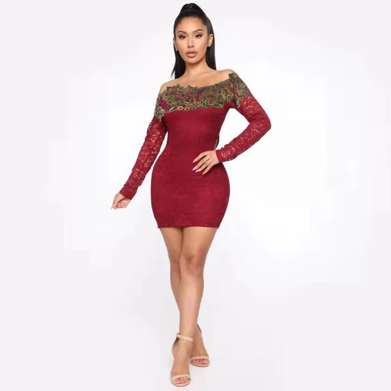 Okayoasis Women Slash Neck Long Sleeve Bodycon Lace Party Dress Lady Elegant  Mini Skater Dress Dresses size S Color SK22068