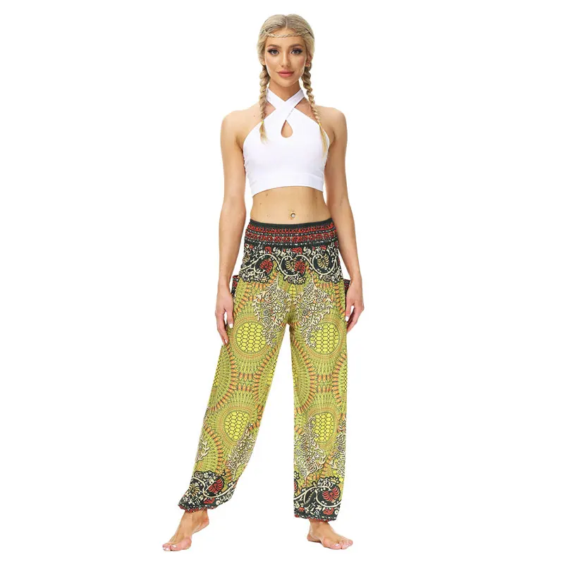 Calças de Dança com Bolso Indonésia Casual Bloomers Cintura Elástica Bohomia Calças Femininas Impressão Longa Verão Joggers 3 Weddings & Events