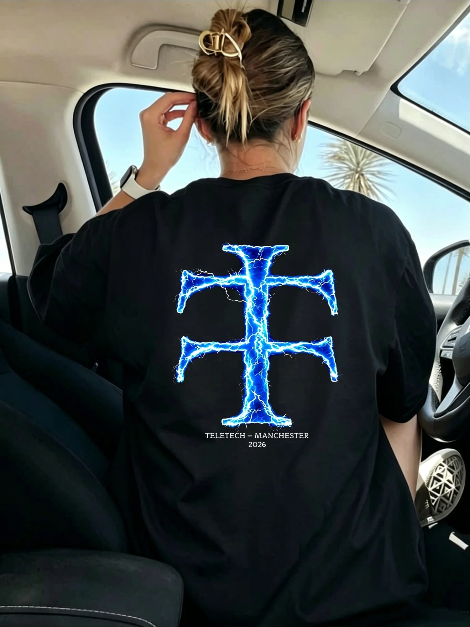 NEW Fashion Back Women T-Shirt Blu E Light Ning Cross Design Print Short Sleeve Crew Neck Casual Suitable for Spring And Summer