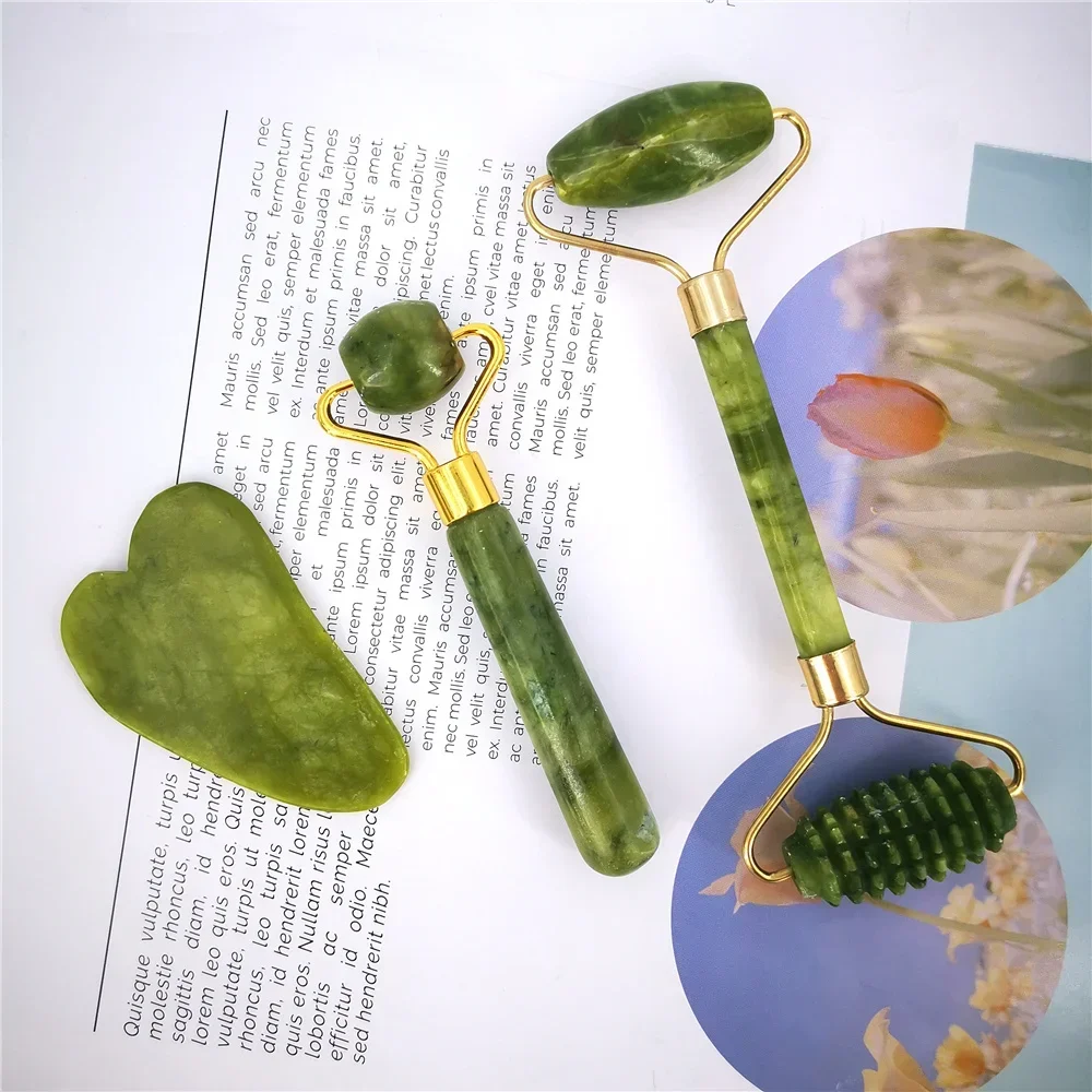 Natural Jade Roller Massager for Face and Body - Anti-Wrinkle Facial Lifting Tool with Double-End Gua Sha Stone