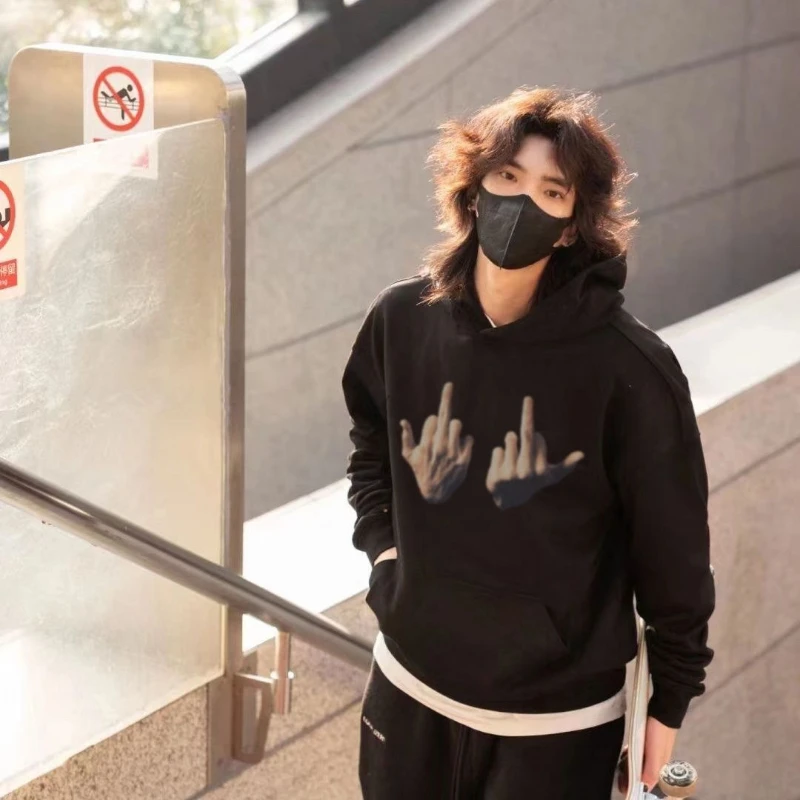 Cotton Middle Finger Hoodise Men/Women Y2K Spring Autumn American Fashion Brand China-Chic Lover Loose Fashion Top Finger Hoodie