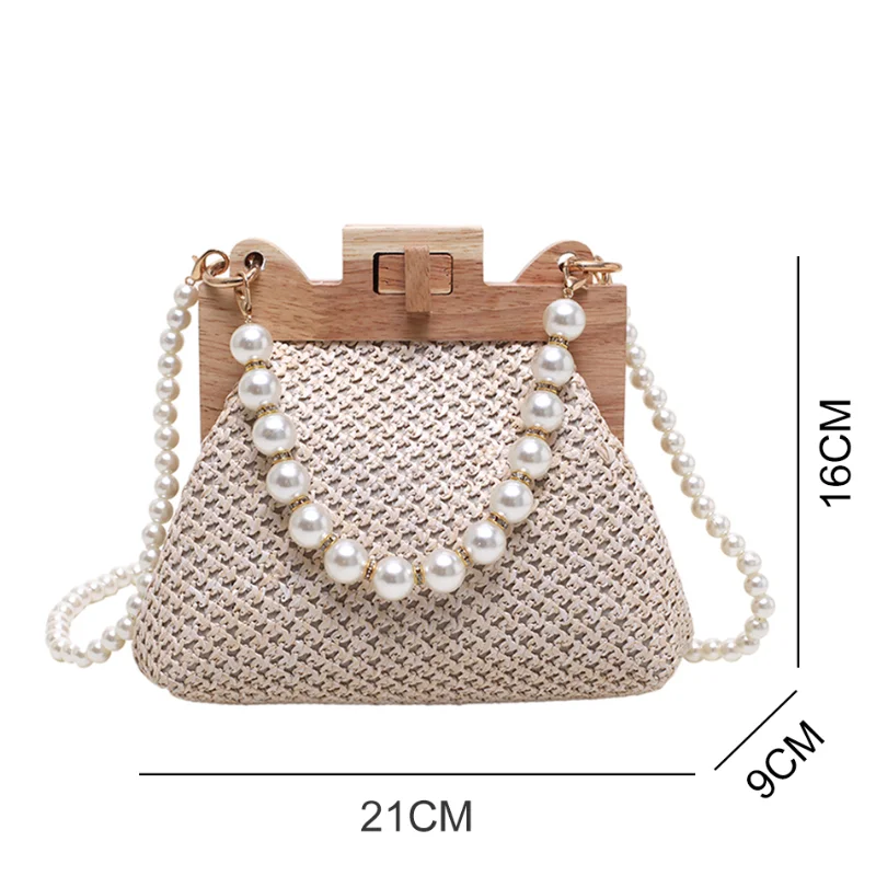 

New 2023 Fashion Woven Women's Straw Shoulder Bag Wooden Top Handle Sandwich Bag Pearl Crossbody Bag Shopping Bag