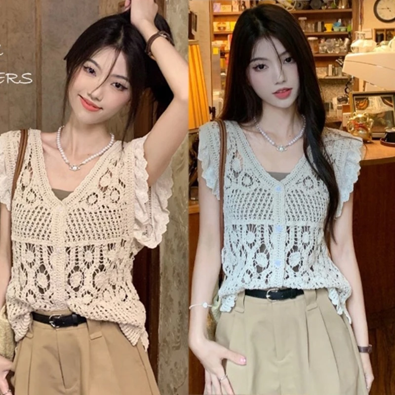 

Lace Crochet Crop Tops Vest Cardigan Summer Hollow Out Tanks Tops Waistcoat Dropship