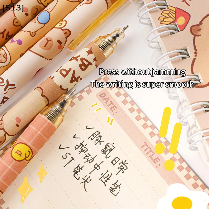 6Pcs 카와이 젤 펜 세트 블랙 블루 잉크 빠르게 건조되는 귀여운 프레스 젤 펜 미적 문구 학교 사무용품[Q]Q@
