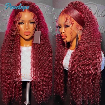 220 Density 99J Burgundy 13x6 HD Lace Frontal Human Hair Wig Pre plucked Colored Brazilian Deep Wave Curly Human Hair Wig 1