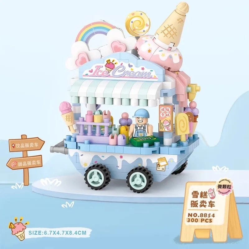 stand cart Blocks City Series Street view 300pcs+ FOOD truck fruit/icecream shop learning Assemble Toys toys for adult 8855