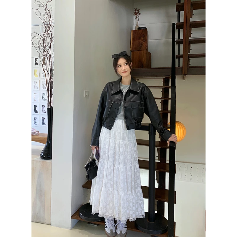 Ecool 오토바이 스타일 소녀 블랙 PU 가죽 코트 겉옷 여성 2024 새 봄 짧은 느슨한 오토바이 가죽 재킷