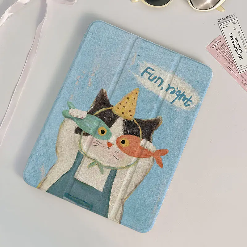 360-Degree Rotating Stand Cover with Fishing Kitten Print