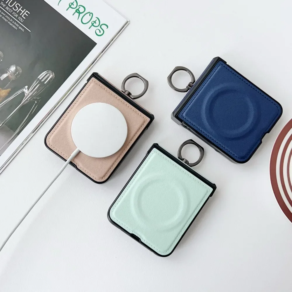 Magnetic Wireless Charging PU Leather Phone Case with Ring Hinge Protective Cover