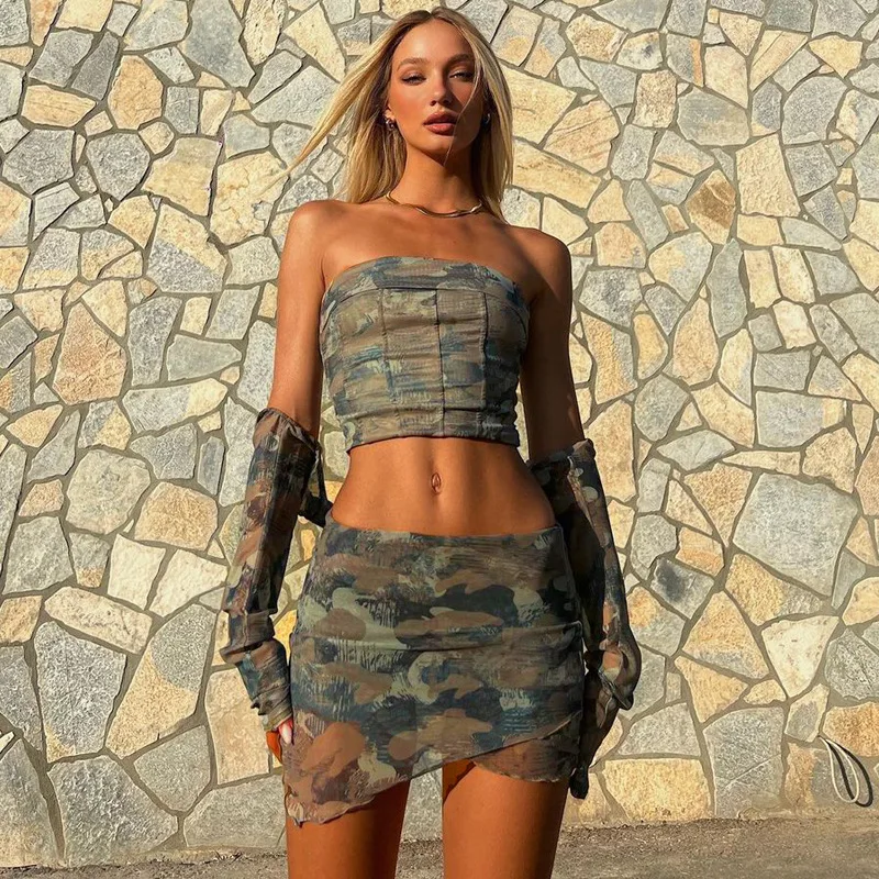 

New Camouflage Print Women Suit Long Sleeved Shawl Wrap Chest Skirt Three Piece Sets Women Outifits Summer Mini Dress Skirt Sets