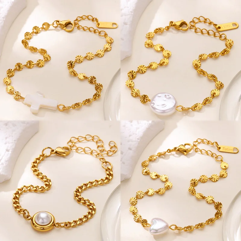 Stainless Steel Geometric Heart Cross Pearl Link Bracelets For Women Gold
