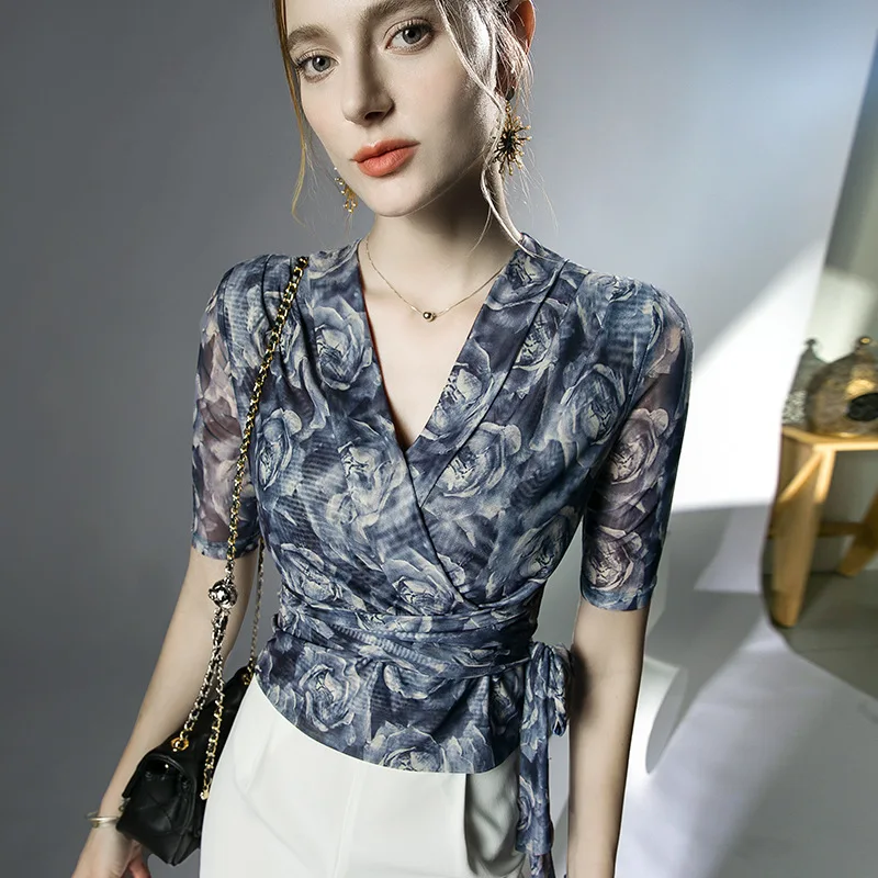 

High Quality 2024 Women Tops Gauze Print T-shirt Female Clothing Winter Autumn Sexy Crop Top Clothes Casual Fashion Blouse Y2k