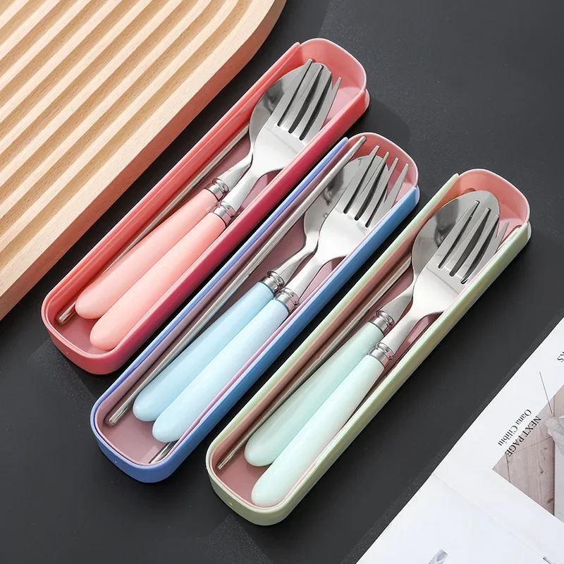 

Stainless Steel Chopsticks Tableware Portable Fork Spoon Student Office Worker Three-piece Cute Storage Box cutlery set