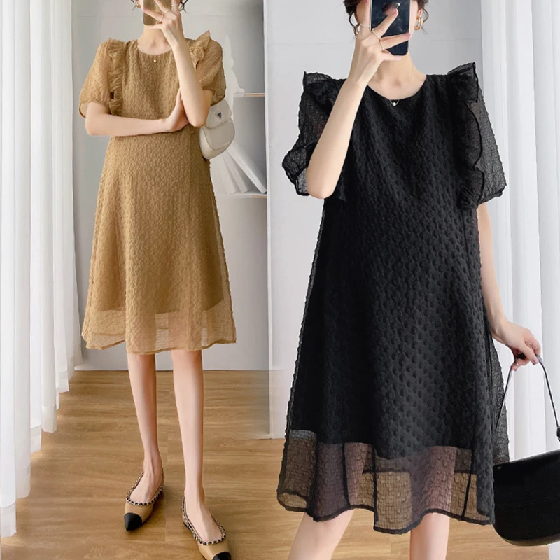 

2023 Summer Loose Maternity Fashion Dress Short Sleeve O-Neck Cotton Plaid Dress Pregnant Woman Loose A Line Dress
