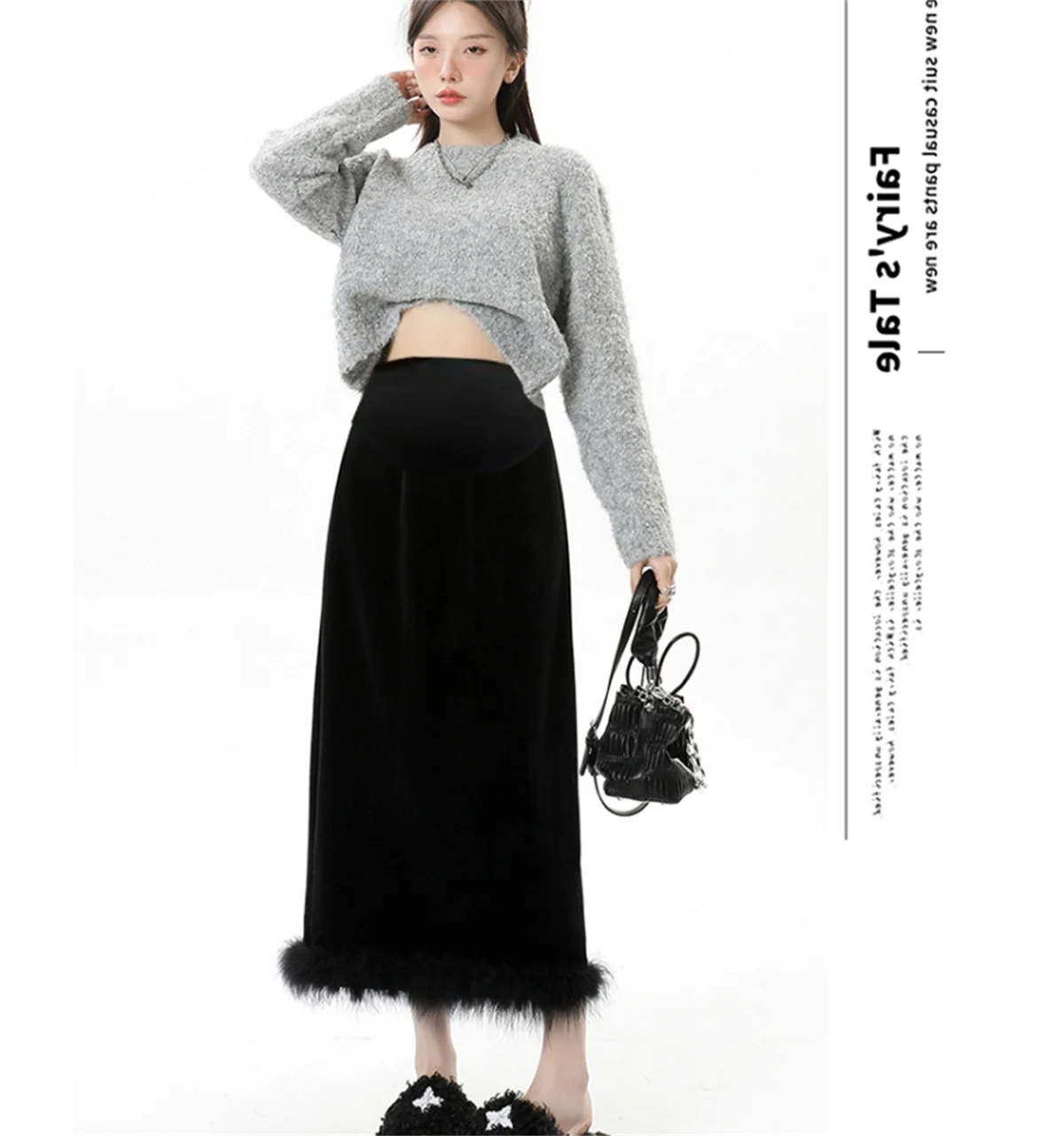 Pregnant women's skirt Black thick velvet skirt autumn and winter plush wrapped hip long straight tube slit