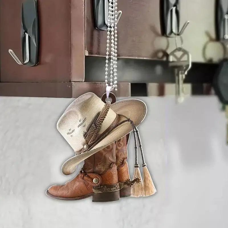 Western Cowboy Hat Boots 2 In 1 Car Pendant Car Hanging Decor Ornament Creative Acrylic Interior Pendant Car Model Simulati T1F2