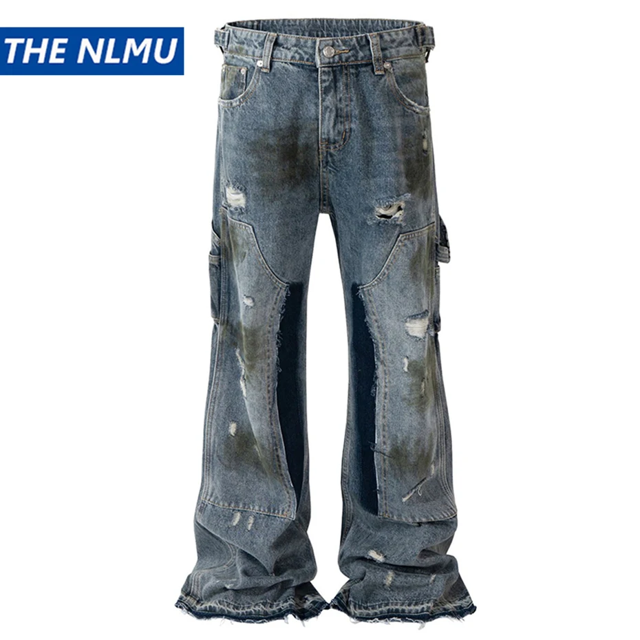 

Men Blue Ripped Baggy Jeans Dirty Printed Distressed Loose Denim Pants Male Luxury Designer Fashion Jeans Trousers