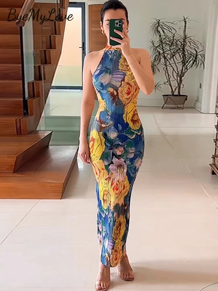 

ByeMyLove Flower Print Halter Maxi Dresses Sexy Skinny Party Dresses Women Backless Y2K Summer Dresses Women Fashion Summer 2023