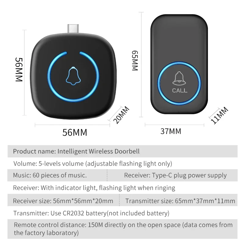 CACAZI Type-C Wireless Doorbell 60 Music 150M Waterproof  Remote Controller Smart Door Bell Receiver Waterproof Button Call Bell