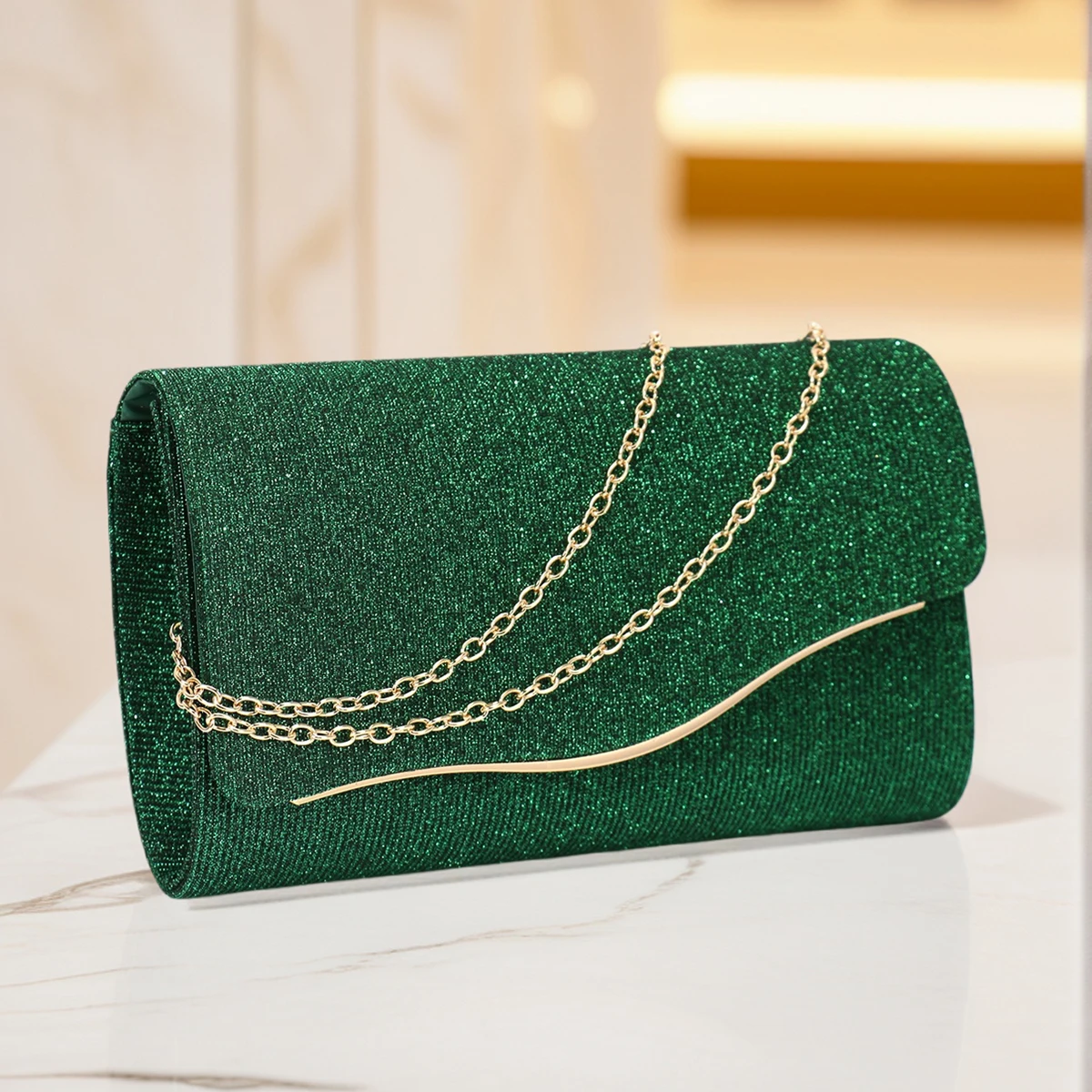 Black Glitter Evening Clutch Bag with Shoulder Chain for Women