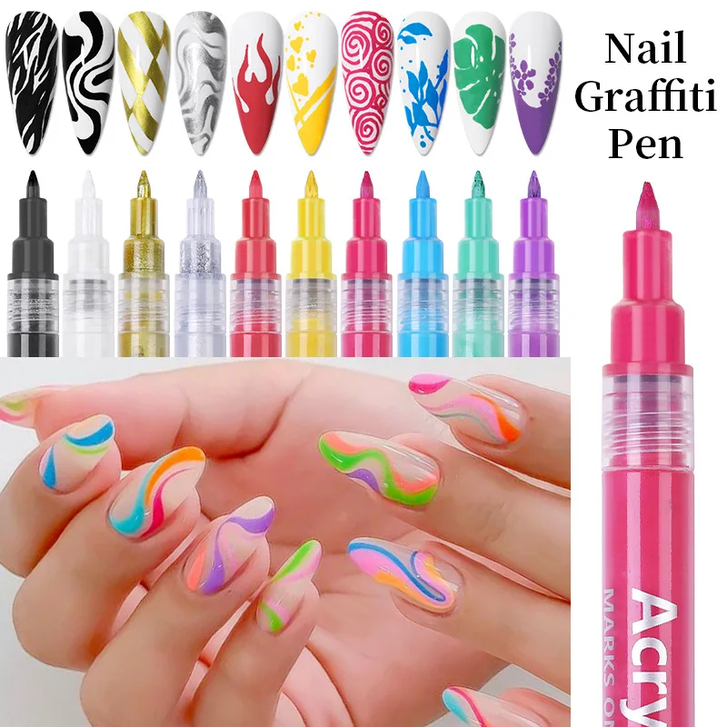 1pc Nail Art Graffiti Pen Gold/Black/white 10 Colors Quick Drying Liner Gel Nail Pen Colorful Painting Marker DIY Drawing Liner 2