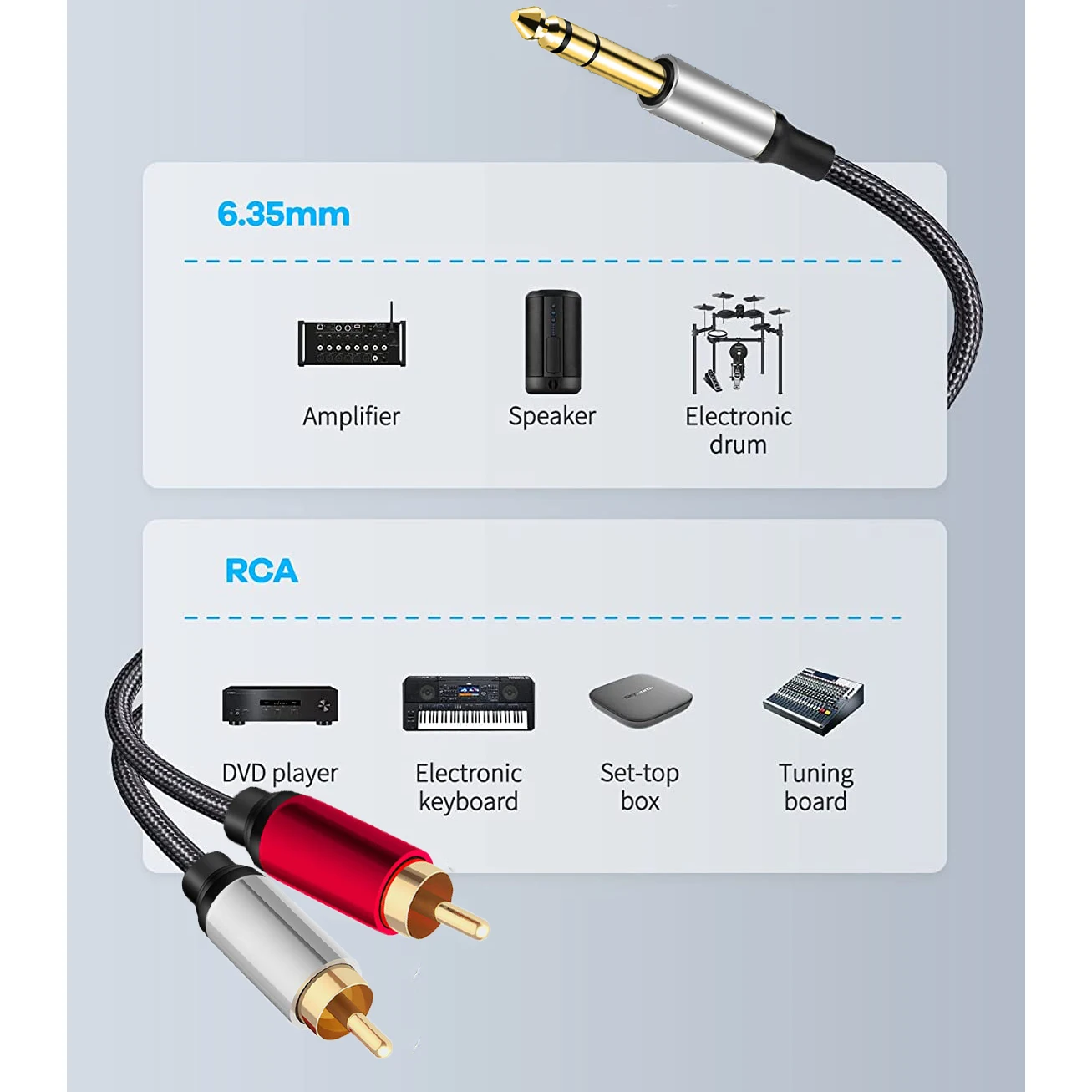 SiYear Câble Audio Y 6,35 Mm Mâle Vers 2 RCA Mâle - 1,5 M - Plaqué Or