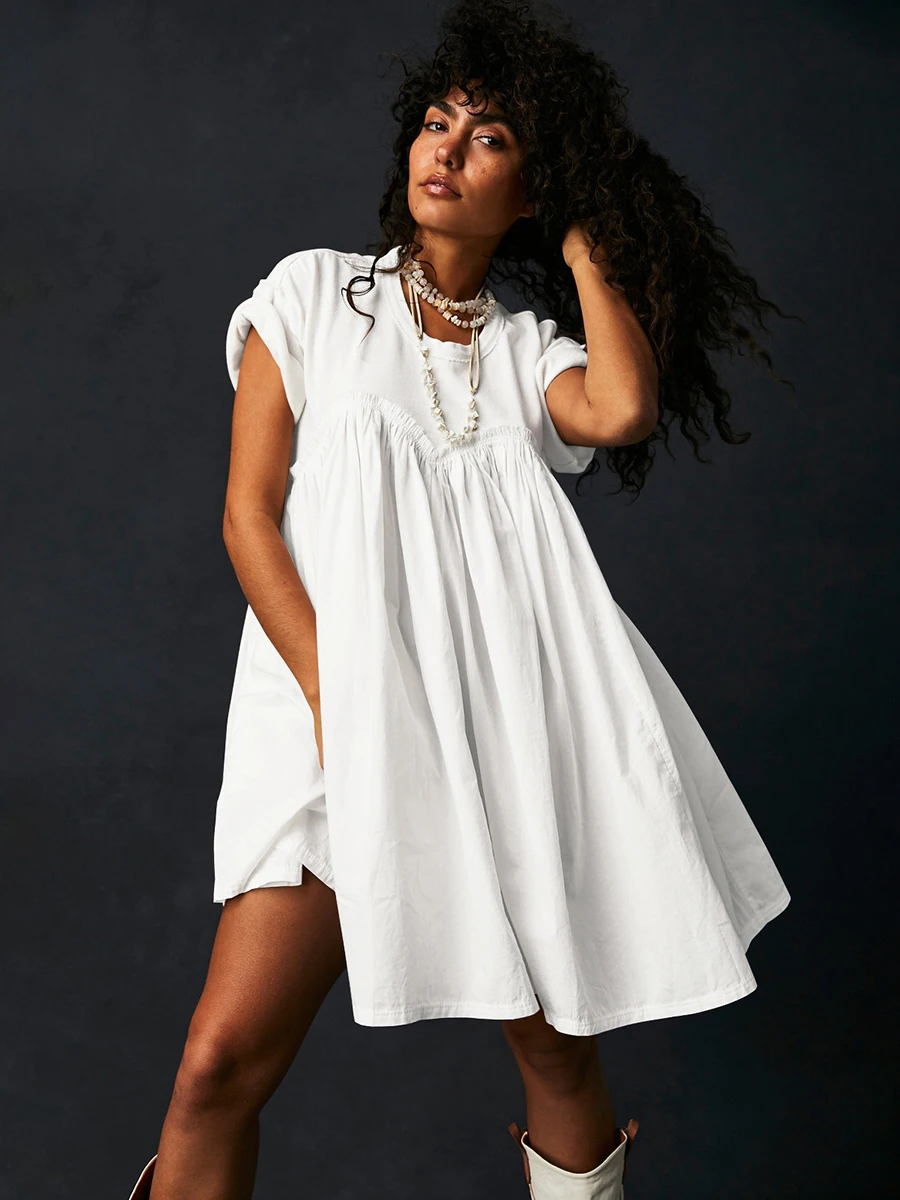 

Solid Color Loose And Comfortable Dress Woman Short Sleeve Round Neck Dresses Streetwear 2024 Spring Summer New Vestidos