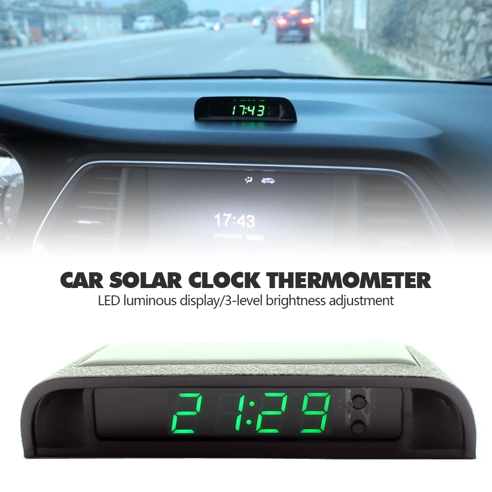 4 In 1 Solar Car Dashboard Clock 24 Hour Digital Watch Thermometer Car