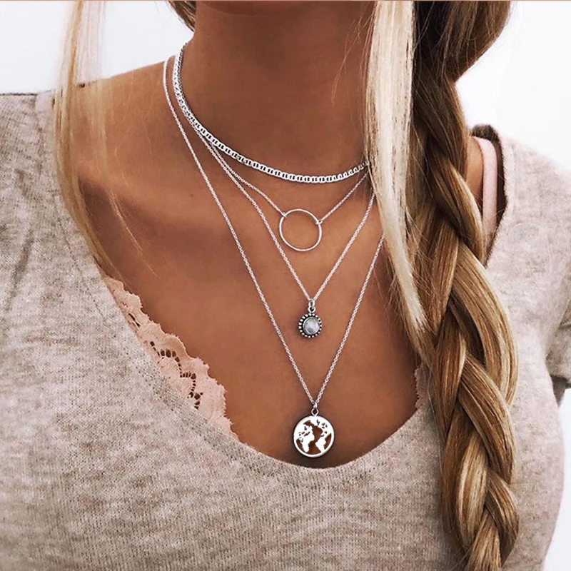 Aihua Neue Mode Retro Mond Welt Karte Kreis Anhänger Multilayer Halskette Für Frauen Partei Schmuck Zubehör Geschenke