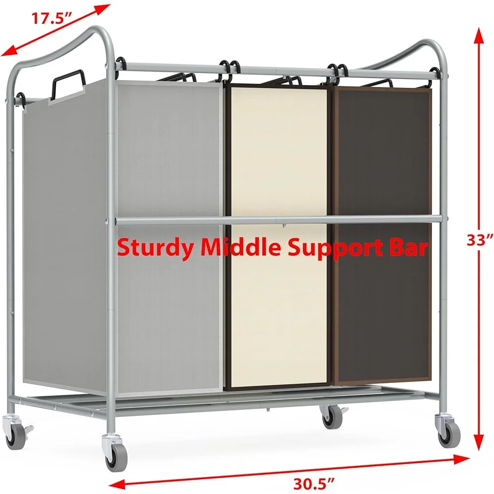 Sturdy 3-Bag Laundry Sorter Rolling Cart with Durable Steel Frame and Heavy Duty Casters Convenient Laundry Organization 4